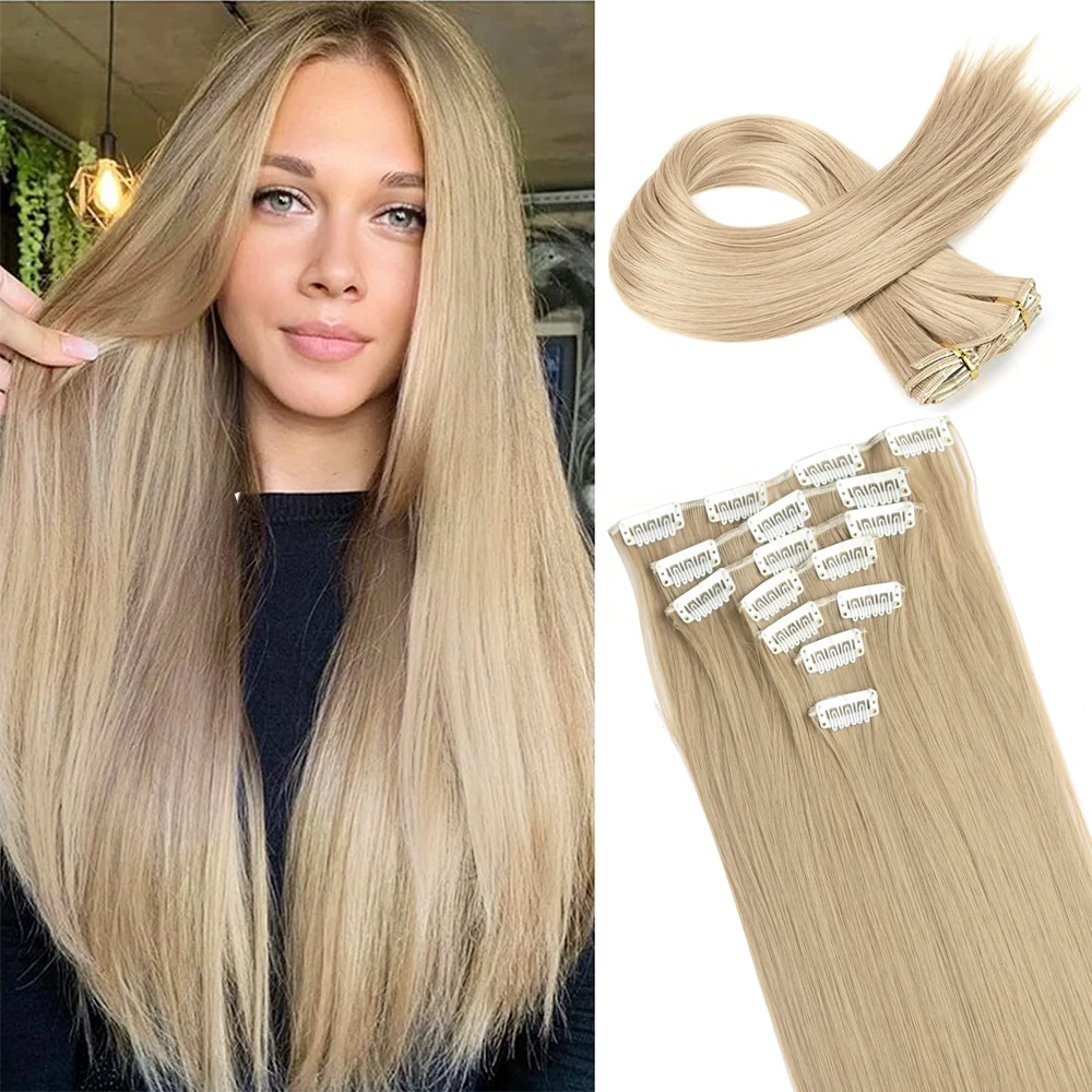 Extensions de Cheveux Synthétiques Longs et Lisses, Postiches Naturelles Blondes Noires, Degré de Chaleur, pour Femme, 16 Clips, 7 Pièces/Ensemble