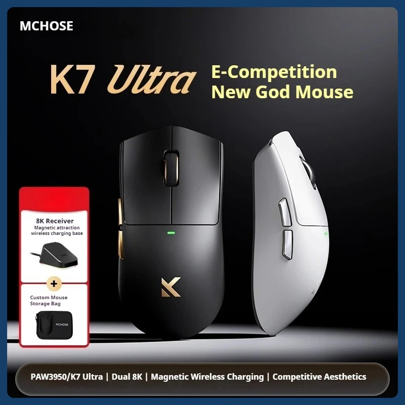 MCHOSE K7 Ultra Dual 8K Wireless Lightweight Gaming Mouse Flagship Sensor PAW3950 With SIuction Charging Base Mouse Storage Bag