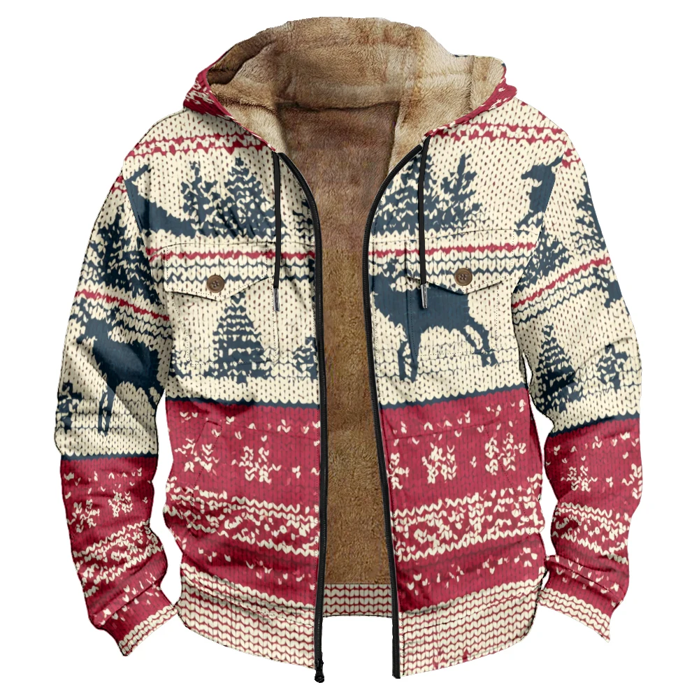 

Festive Nordic Reindeer Print Fleece-Lined Hooded Jacket Snowflake Geometric Warm Winter Coat Button Pockets Holiday Outerwear