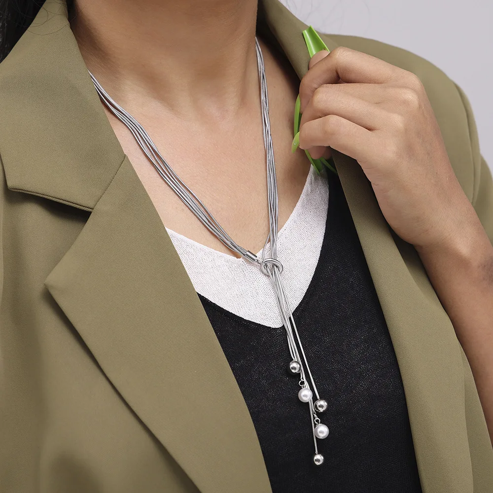 Multi-layered Lines Women Chain Necklace Stainless Steel Tassel Imitation Pearl OT Buckle Pendant Necklace Girlfriend Gift Ideas