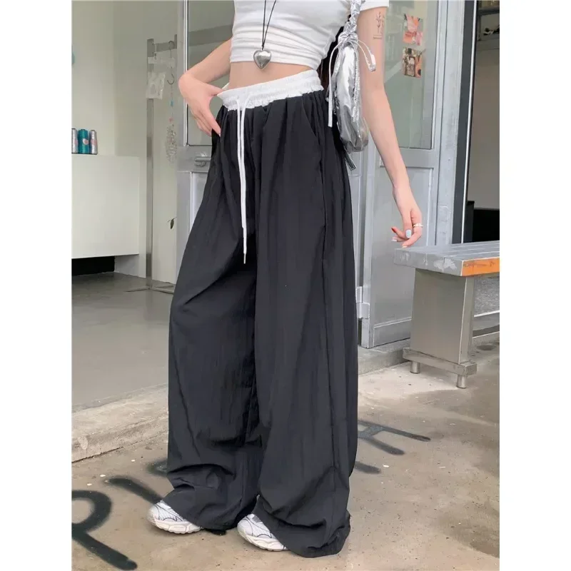 New Patchwork Elastic Waist Wide Leg Casual Pants Women All season Texture Drape Straight Mop Pants Loose Trousers Pants