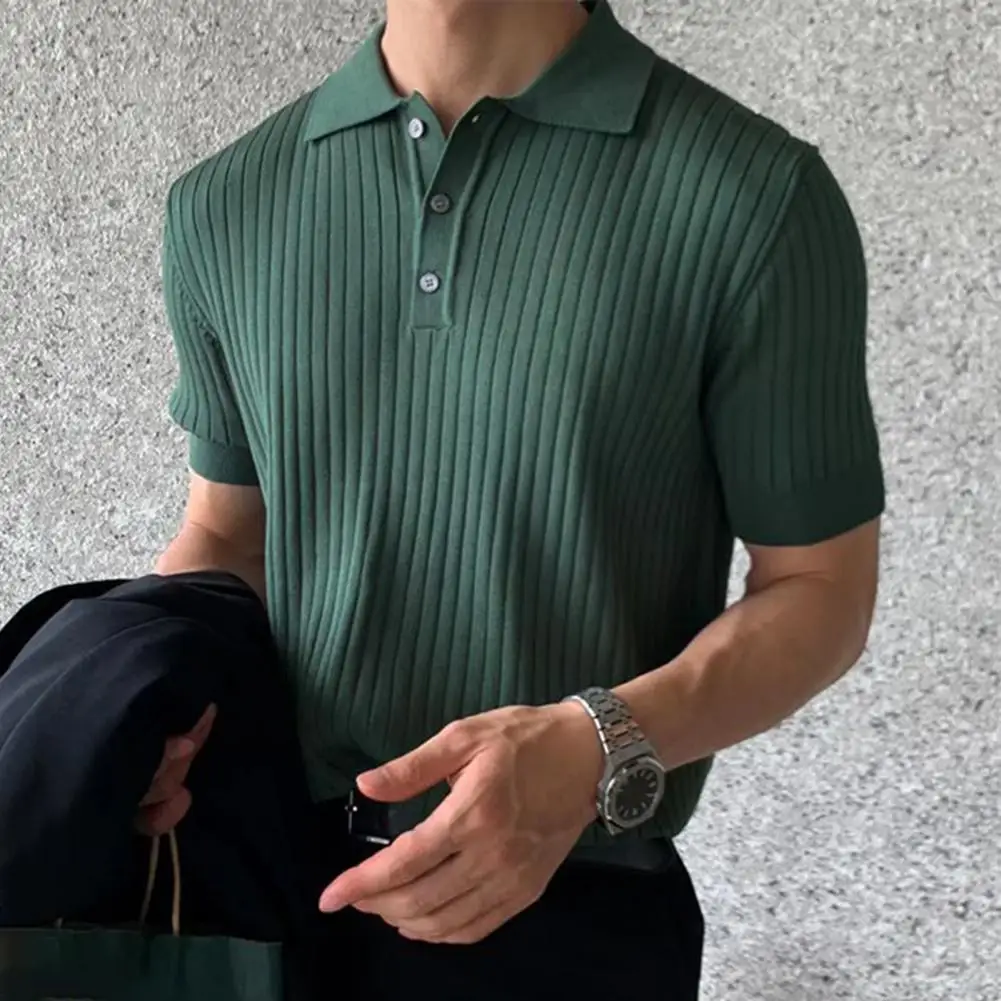 Hot！Lapel Short Sleeve Buttons Half Placket Loose Turn-Down Collar Men T-shirt Summer Knitting Ribbed Shirt Top Streetwear