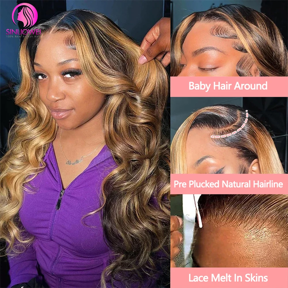 180% Colored Highlight Body Wave 13x6 Lace Front Human Hair Wigs 32 34 Inch Honey Blonde Water Wave Frontal Wig Extensions image 3