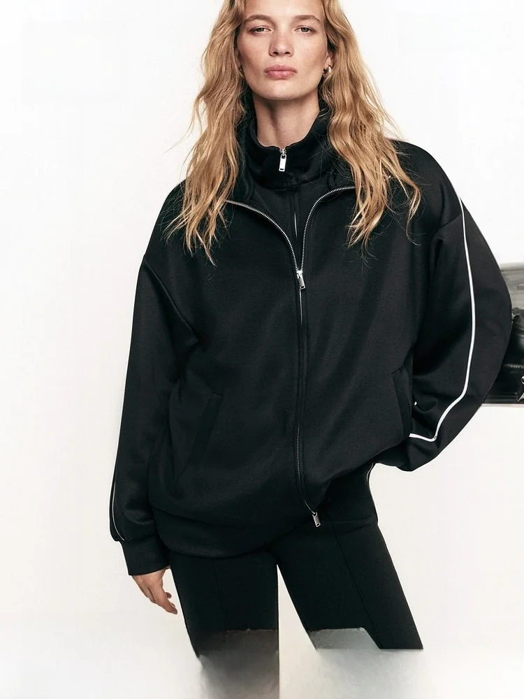 

Spring New Women's Air Layer Fabric Jaet H&M Stand Fit Zipper Polyester Fiber Spandex Universal Regular Length