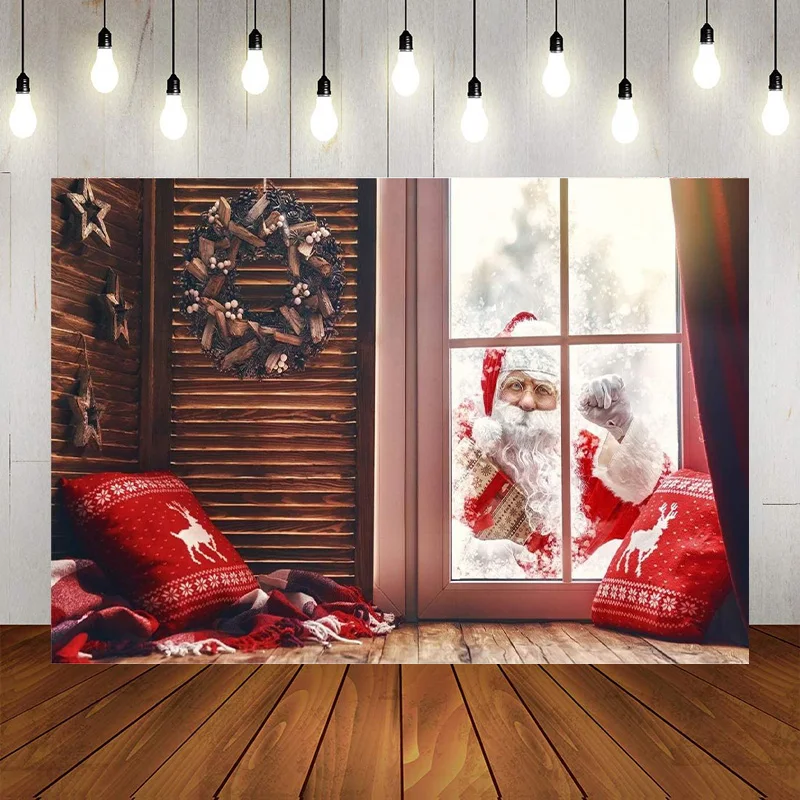 Christmas Backdrop Santa Claus Winter Windowsill Photographic Background Decoration Snow Banner Party Theme