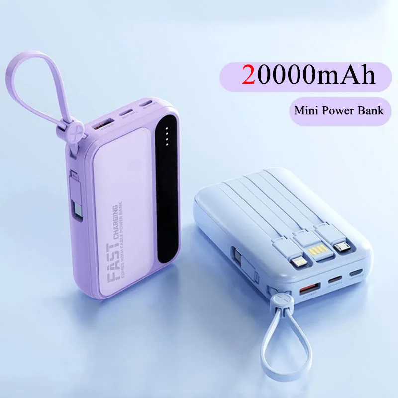 

Mini Power Bank 20000mAh Portable Fast Charging Powerbank With Built-in 4 Cables External Battery For iPhone Samsung S24 Xiaomi