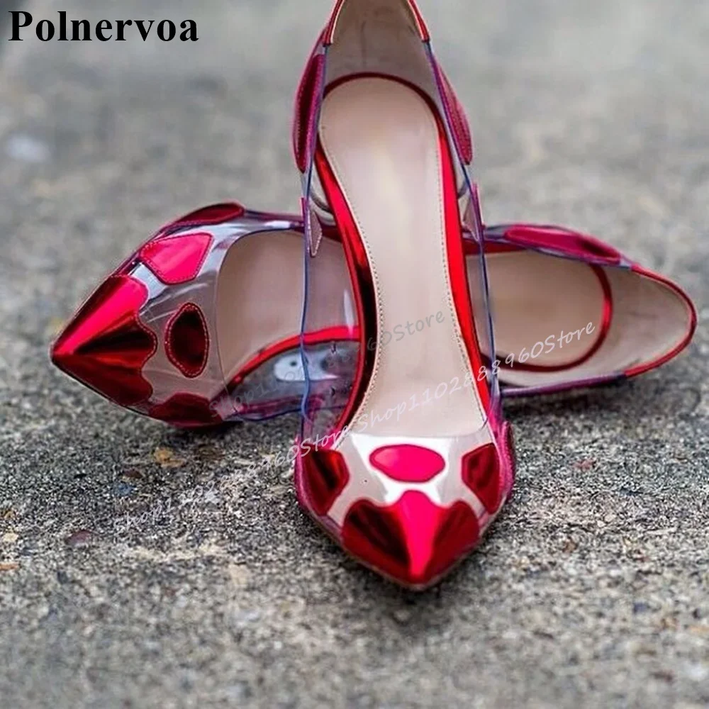 

Stylish Red Leather Clear PVC Pumps Thin High Heel Shoes For Women Slip On Pointed Toe 2025 Fashionable Zapatos Para Mujere