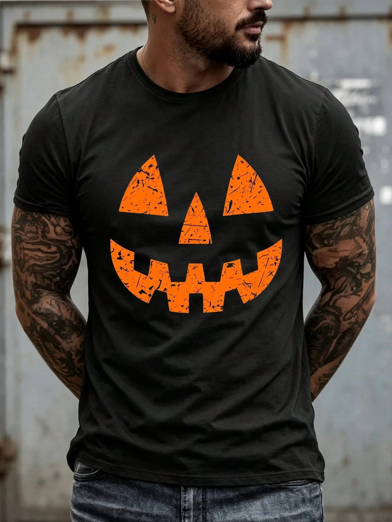 2026 New Family Matching Oversized Unisex Streetwear T Shirt Distressed Pumpkin Face Jack O Lantern Halloween Graphic Tee