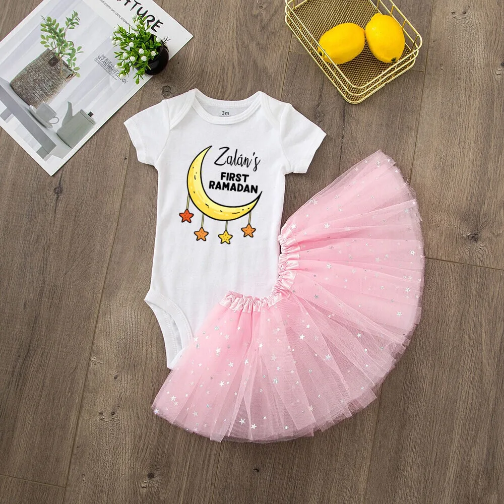 Personalised Ramadan Kareem Baby Girl's Outfit Newborn Tutu Dress with Romper 2pcs Set Eid Celebrate Dresses Outfits