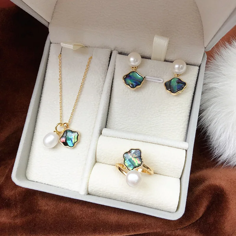 

2024New Abalone Shell Freshwater Pearl Earrings Pendant Ring Three-Piece Set Gift for Mom or Best Friend Pearl Set