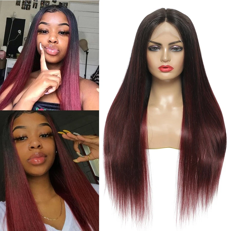 1B 99j Lace Front Wig Straight 4x4 Closure Wig Ombre Blonde Human Hair Wigs Pre Plucked 1B Burgundy Red Lace Frontal Wigs