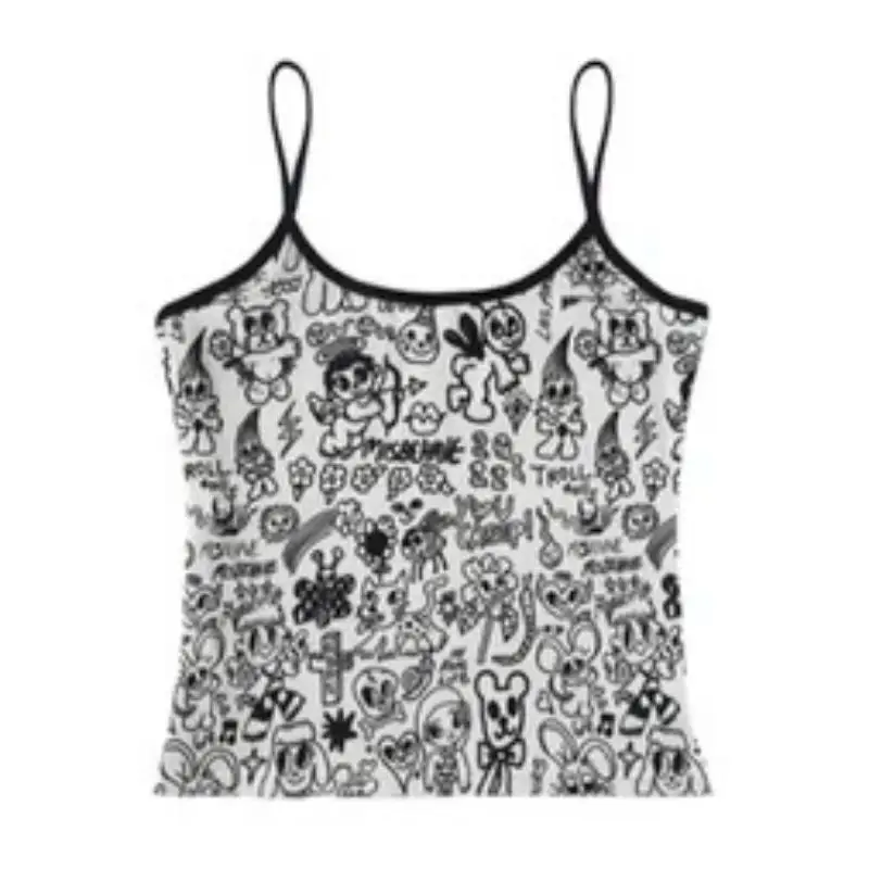 

Y2K sweet and cool graffiti print hot girl vest, small spaghetti-strap, women's summer fitted short top, base layer