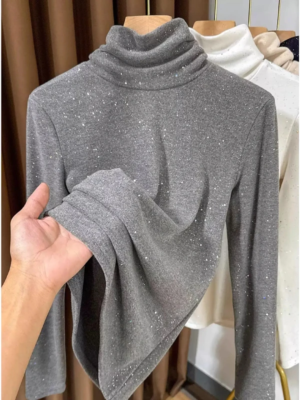

plus Size Warm Thiened Double-Faced Velvet High Collar Long Sve Base irt Women's Autumn Winter Inner Wear iny Top