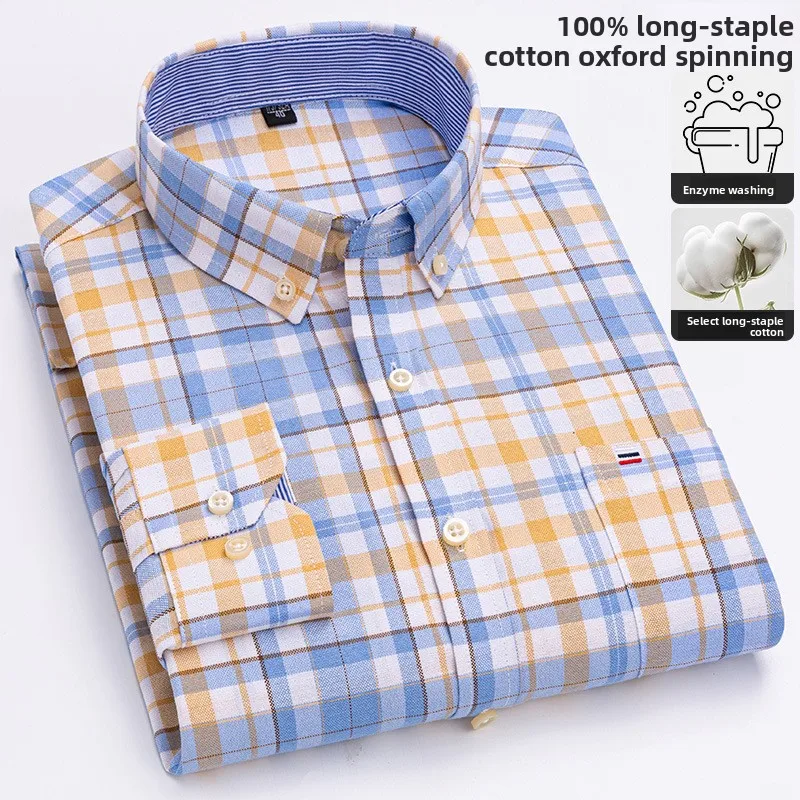 100% cotton men's long-sleeved shirt, elite men's casual checkered cotton shirt, large size genuine shirt