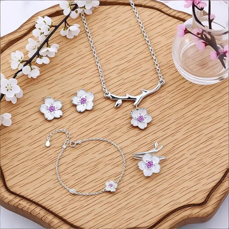 

Elegant 925 Sterling Silver Cherry Blossoms Necklace Earrings Ring Bracelet Set for Women Girls Engagement Party Jewelry Gifts