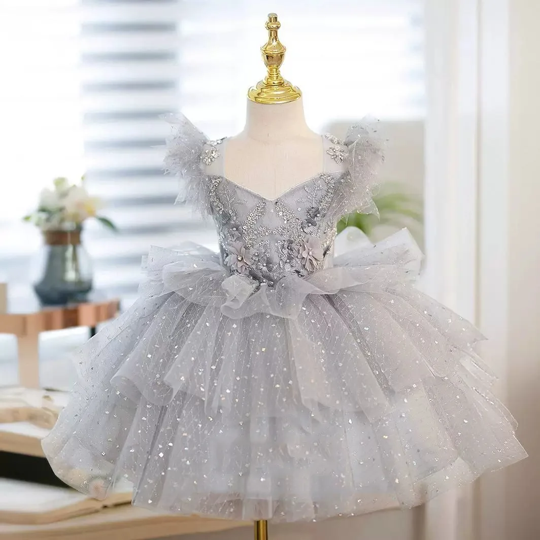 Kids Dress for Girls Costumes Luxurious Wedding Birthday Party V-neck  Lace Sequin Elegant Princess Children’s Dress 1-12 Yrs