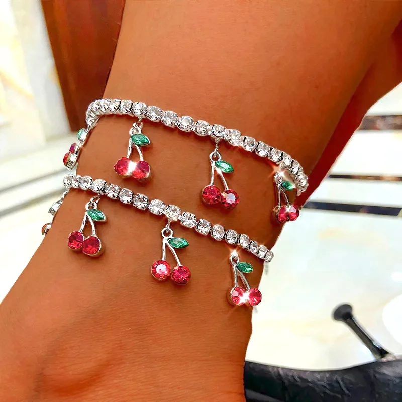 New Fashion Red Cherry Tassel Tennis Chain Anklet For Women Shiny Crystal Zircon Fruit Pendant Ankle Bracelet 2021 Beach Jewelry