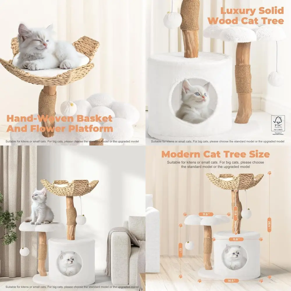 Elegant Wooden Cat Tower with Scratching Posts and Flower Platforms for Small Cats, Deluxe Cat Condo Furniture