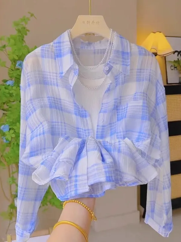 

Korean Sle Women's Plaid Sun Protection irt Thin Breathable Two-Piece Set Summer 2025 Casual Collar ort Sve