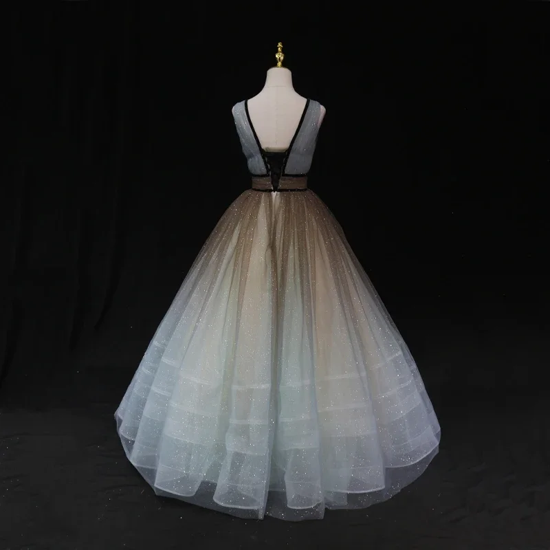 Customized Evening Dress Gradient Coffee V-neck Pleat Sleeveless Lace up A-line Floor Length Plus size Women Party Formal Gown