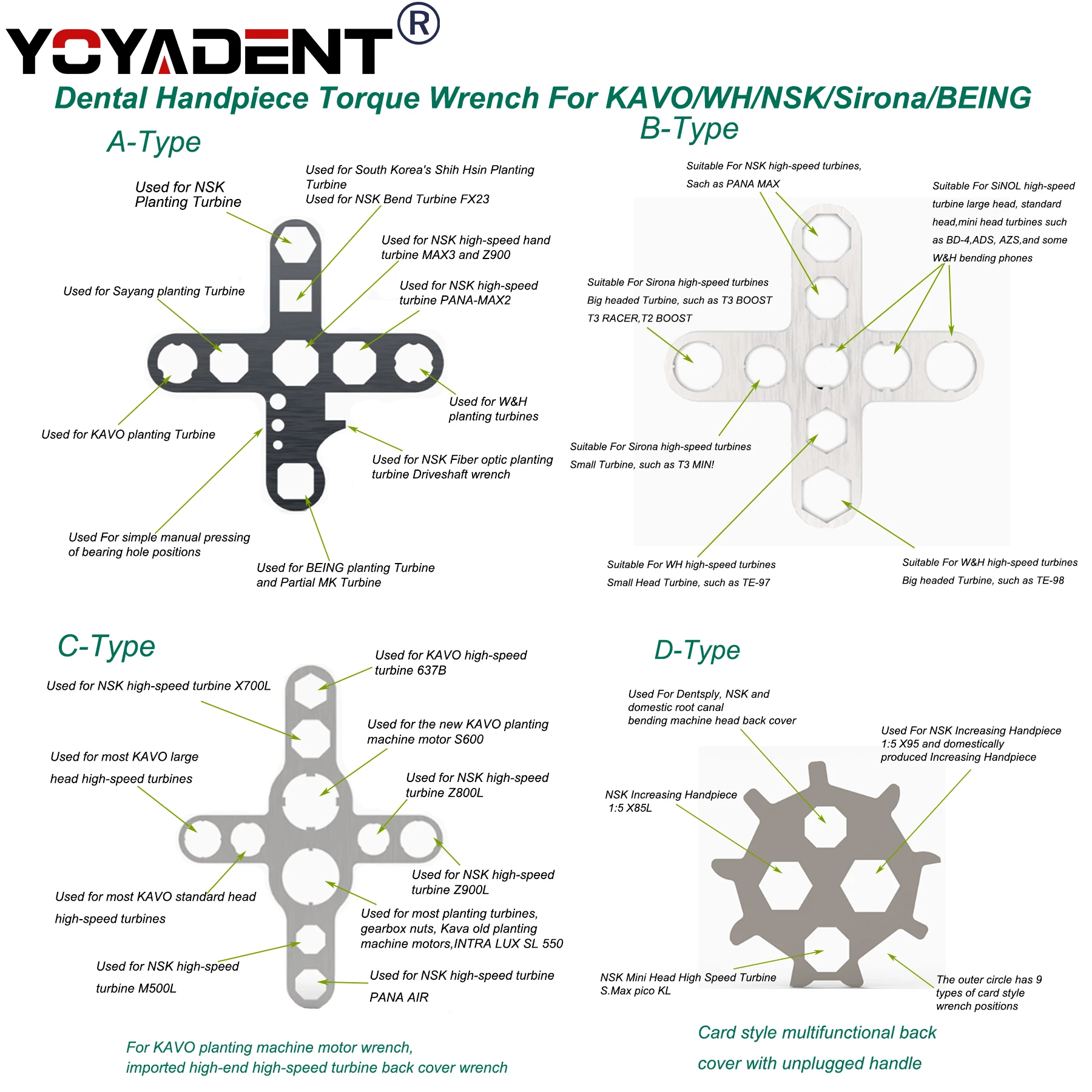 

YOAYADENT Dental High speed Turbine Remove For Kavo/WH/NSK/SIRONA/BEING/SINOL Back Cover Wrench Torque Head Button Repair Tools