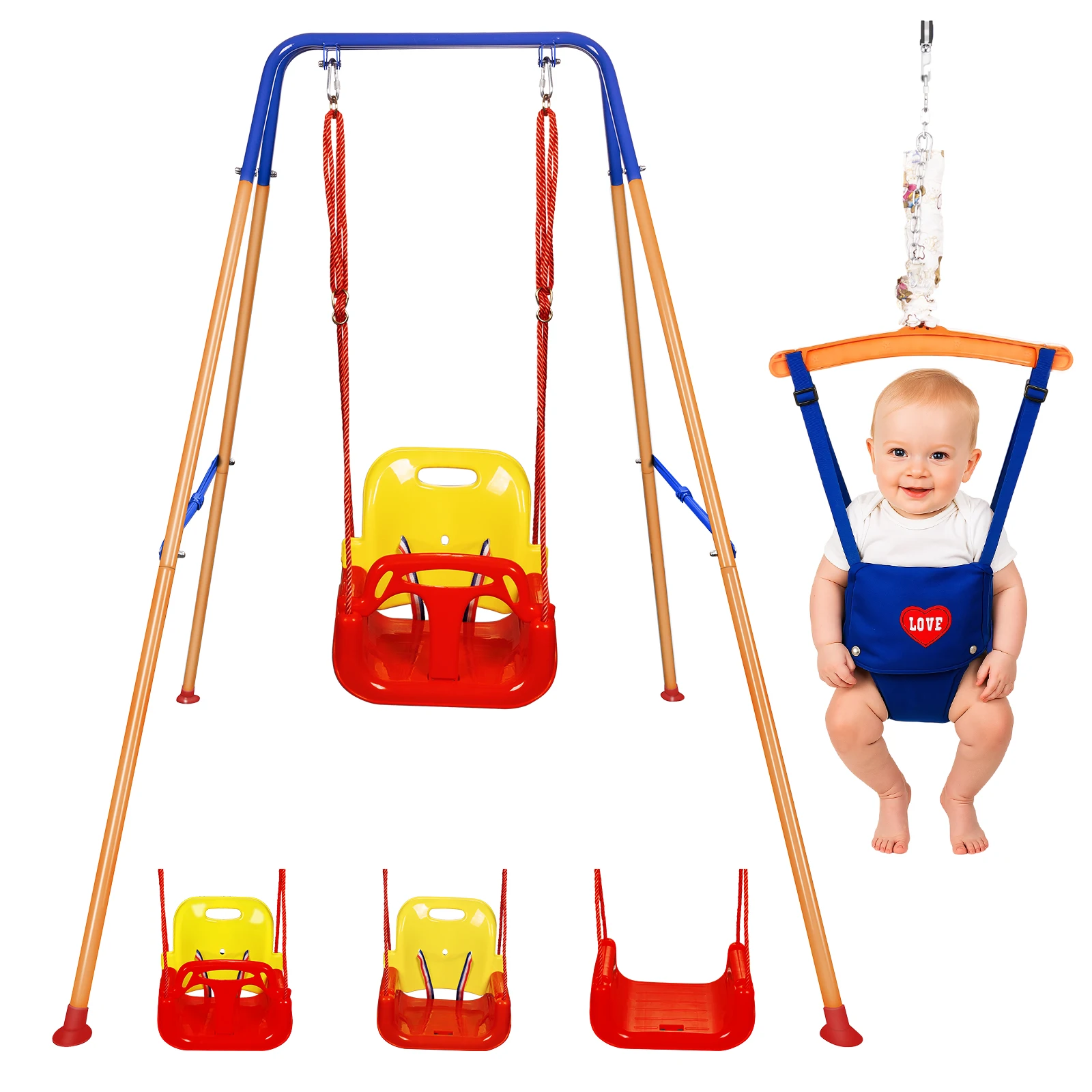 Columpio para bebé HLC 2 en 1, que incluye un columpio clásico y un portico de salto, 153 × × 120 × cm. Columpio exterior apto para niños de 1 a 3 años, equipado con cinturones de seguridad