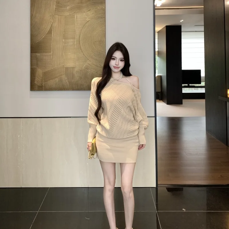 Autumn Winter New Sle Women's Knitted Dr Cowl Ne Long Sve High Waist A-Line  Dr Irregular Design Loose Fit