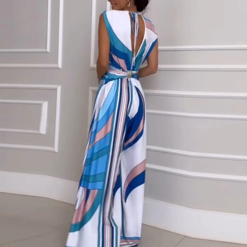 Verão novo casual feminino sem mangas perna larga macacões elegante cintura alta plissado playsuits feminino cor de contraste com cinto macacão