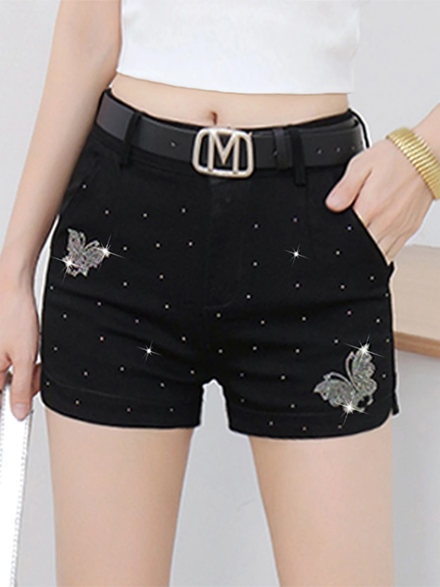 

Fashionable High Waist Short Pants Women's Hotfix Rhinestone Dopaamine Color New Korean Style Casual Slimming Large Size
