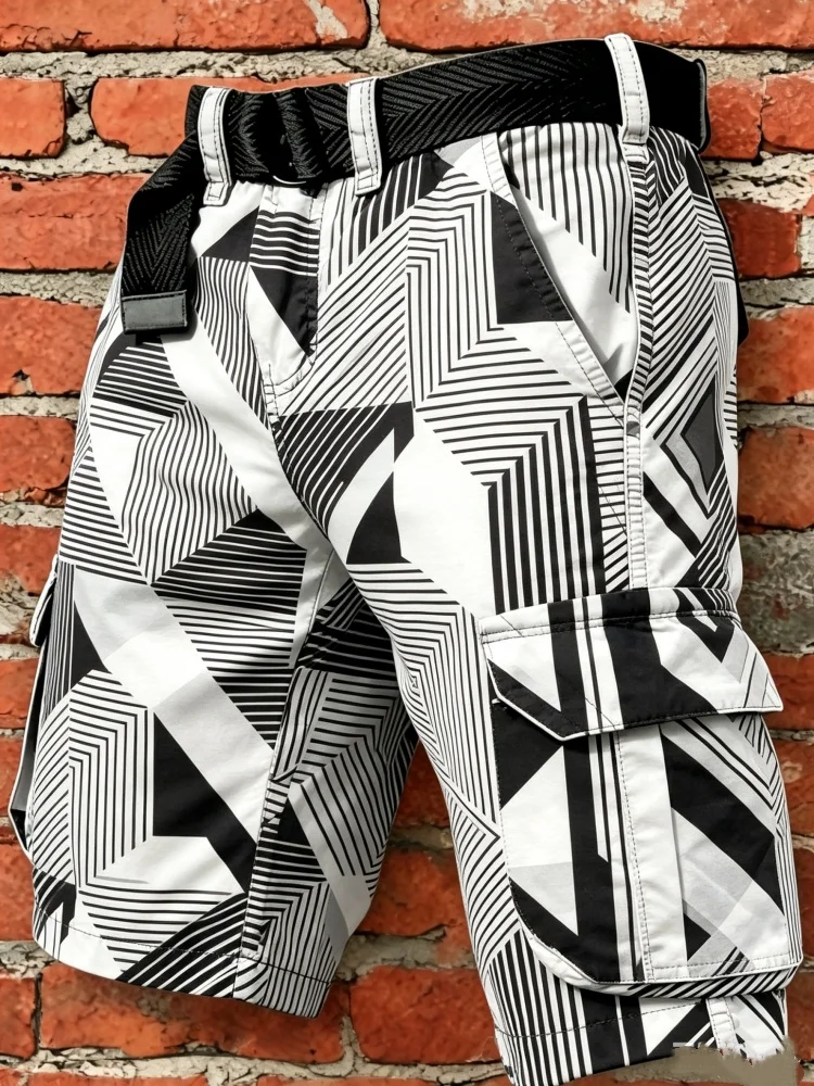 

Mens Cargo Shorts with Geometric Print Black White Stripe Loose Fit Multi Pockets Elastic Waist Streetwear Shorts with Belt