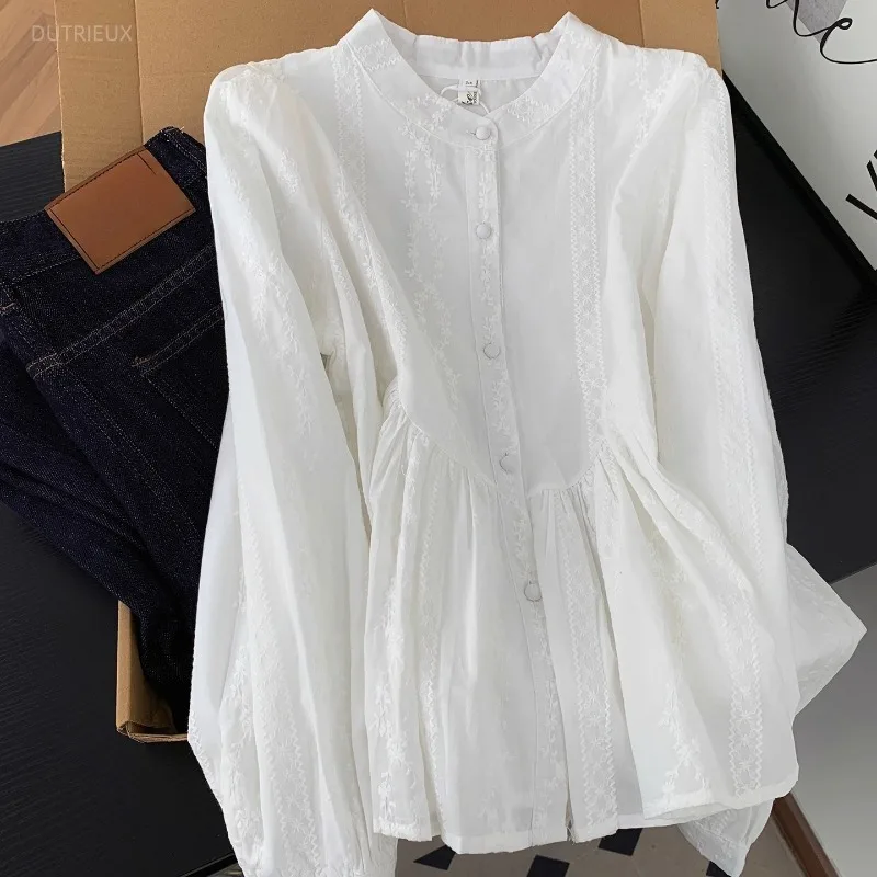 Embroidered Shirts&blouses Women Tops Stand Collar Solid Elegant Blusas Mujer Spring Autumn Korean Fashion Camisas