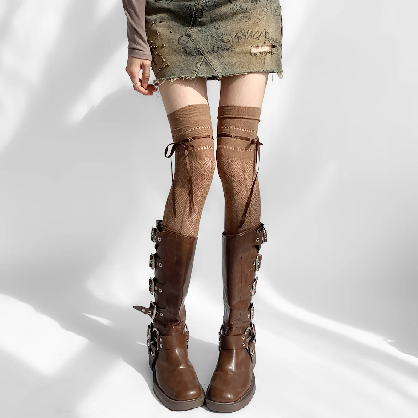 リボンオーバーレイストッキング おしゃれなオーバーニーレースソックス ニットコットンロングソックス 肌に優しいレースニーハイソックス