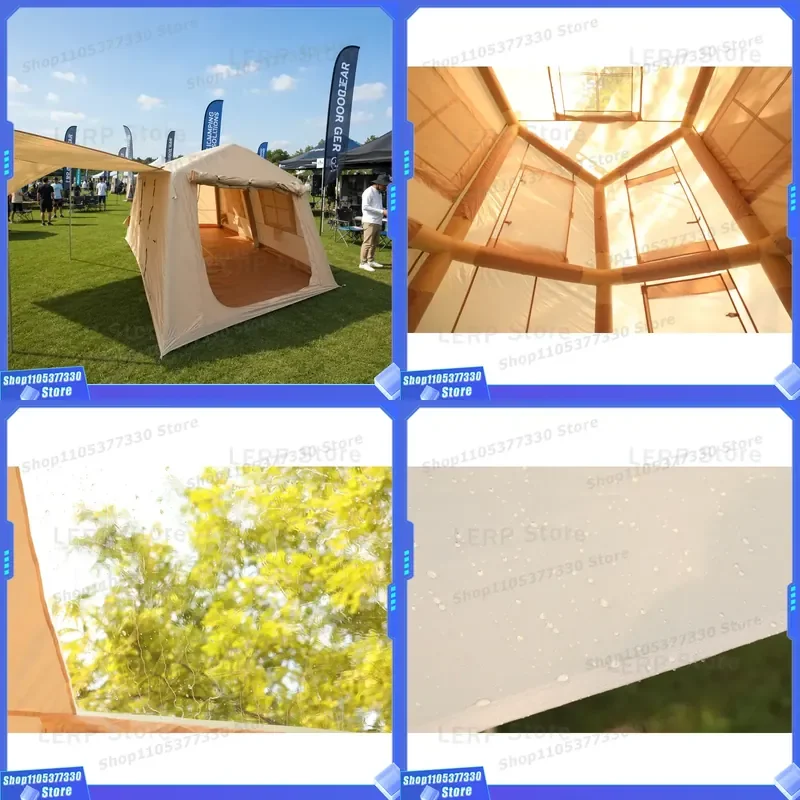 Inflatable Glamping Ridge Tent 396x270cm 420D Thickened Oxford Fabric Luxury Family Cabin High Strength PVC Column Khaki