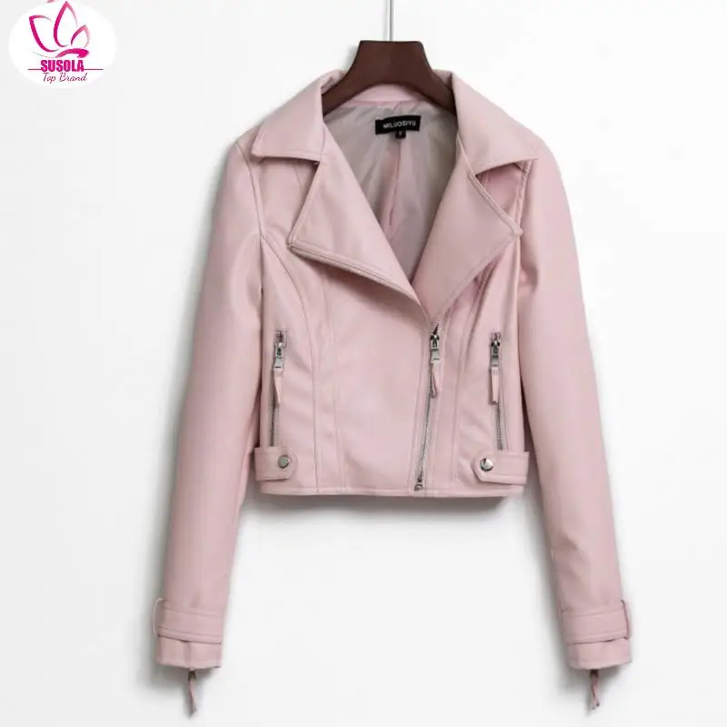 

Lady New Trend Women Smooth Motorcycle Faux Leather Jackets Ladies Long Sleeve Autumn Winter Biker Streetwear Black Pink Coat