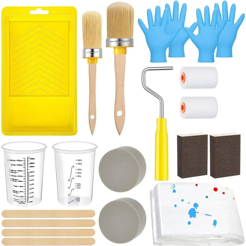 

Набор кистей и валиков ABKY из 20 предметов, включает губку, вкладыш для подноса, нитриловые перчатки, губчатый блок, палочки для смешивания и стаканчики.