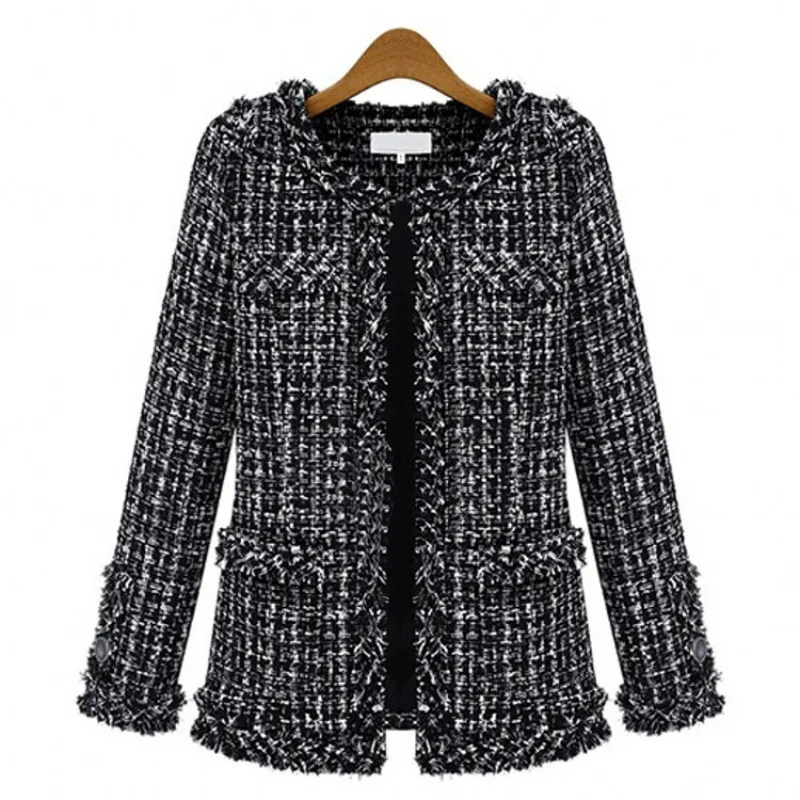 

Women's Plus Size Tweed Jacket Elegant Open Front Round Neck Black And White Fringed Plaid Check Long Sleeved Coat Tweed Blazer