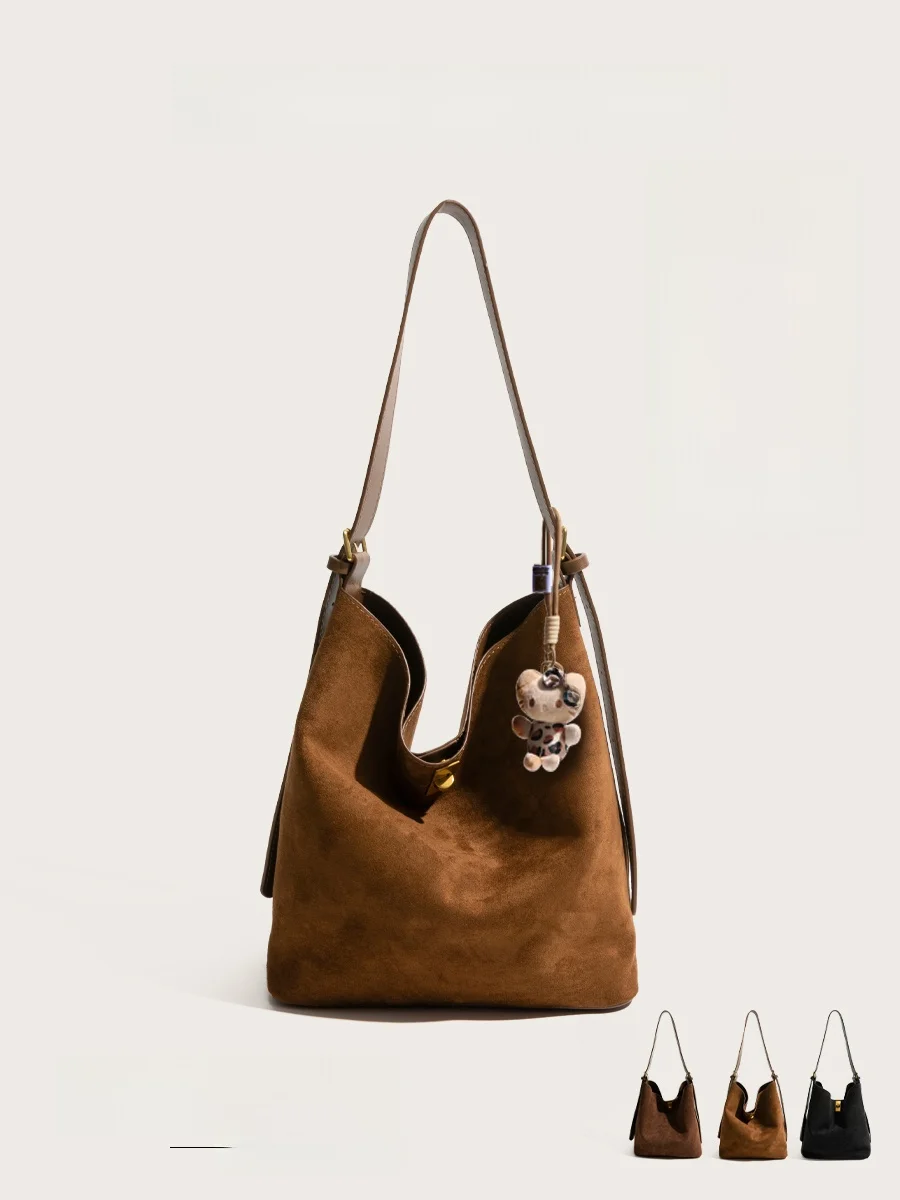 

Orange Girl Suede Leather Retro Bucket Bag Large Capacity Autumn Winter Commuter Shoulder Crossbody Tote Bag for Work And Travel