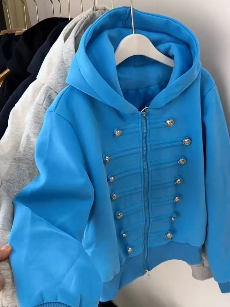 Women's hoodie fashion double breasted design hooded sweatshirt female students Korean version casual short hooded coat thin