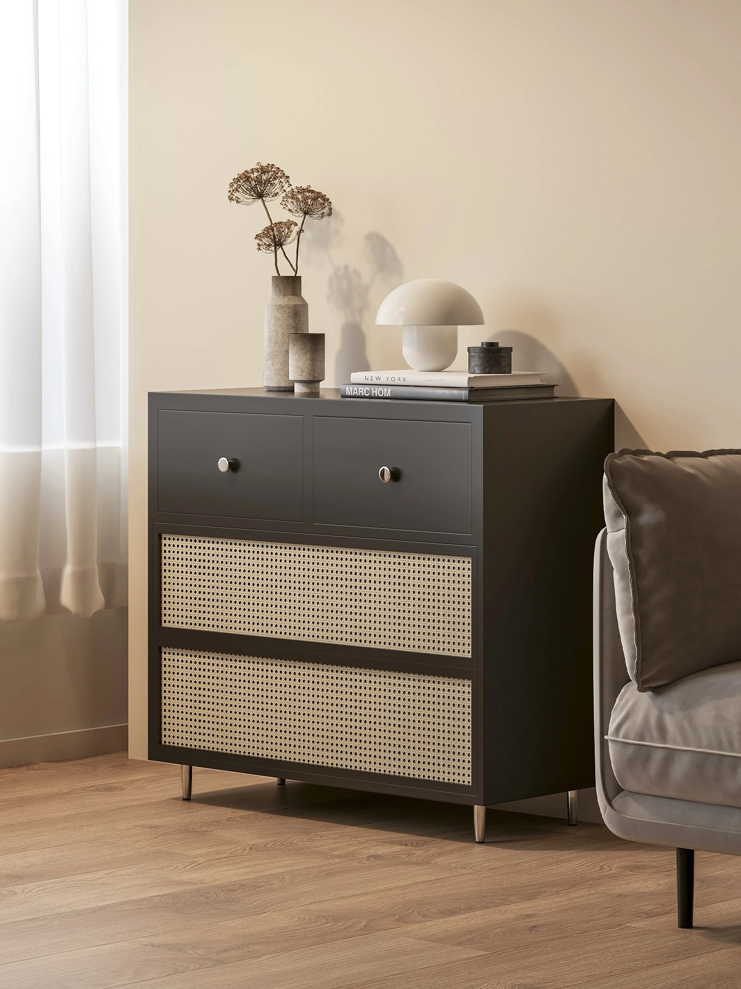 Schwarzer Retro-Rattan-Brust-Seitenschrank, multifunktional