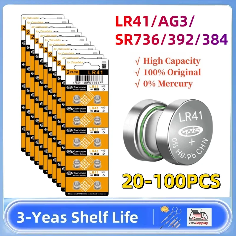 

New 20-100PCS LR41 AG3 SR41 384 392 L736f L736c Batteries for Bow Sight Light Watch Thermometer 1.5V Alkailine Button Batteries