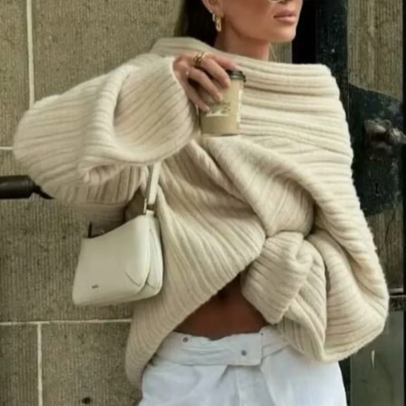 

Осень 202, женский вязаный свитер с открытыми плечами, свободный повседневный пуловер, мягкий удобный топ, повседневные вязаные свитера