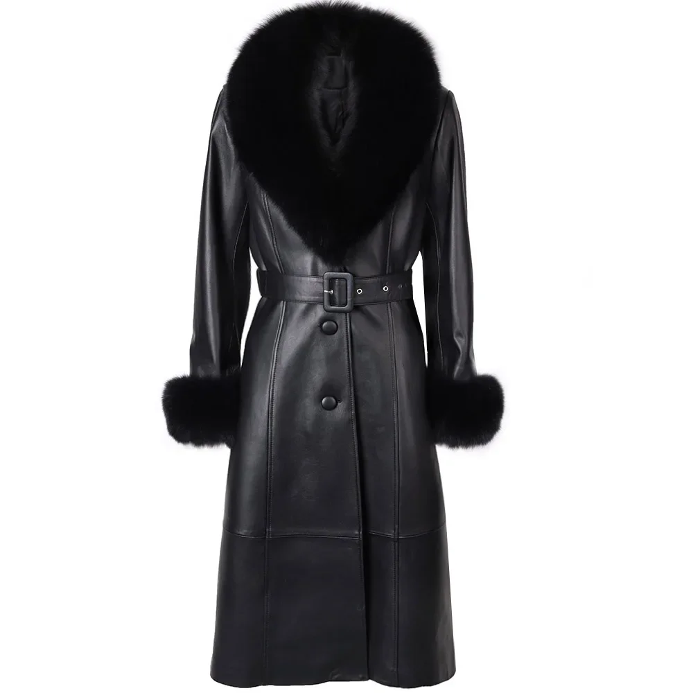 Autumn New Women Real Leather Trench Coat With Fox Fur Collar Elegant Ladies Leather Coat