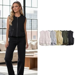 Willshela Women Fashion With Pockets Pleated Front Zipper Vest Sleeveless Jackets Vintage O-Neck Waistcoat Female Chic Tank Tops