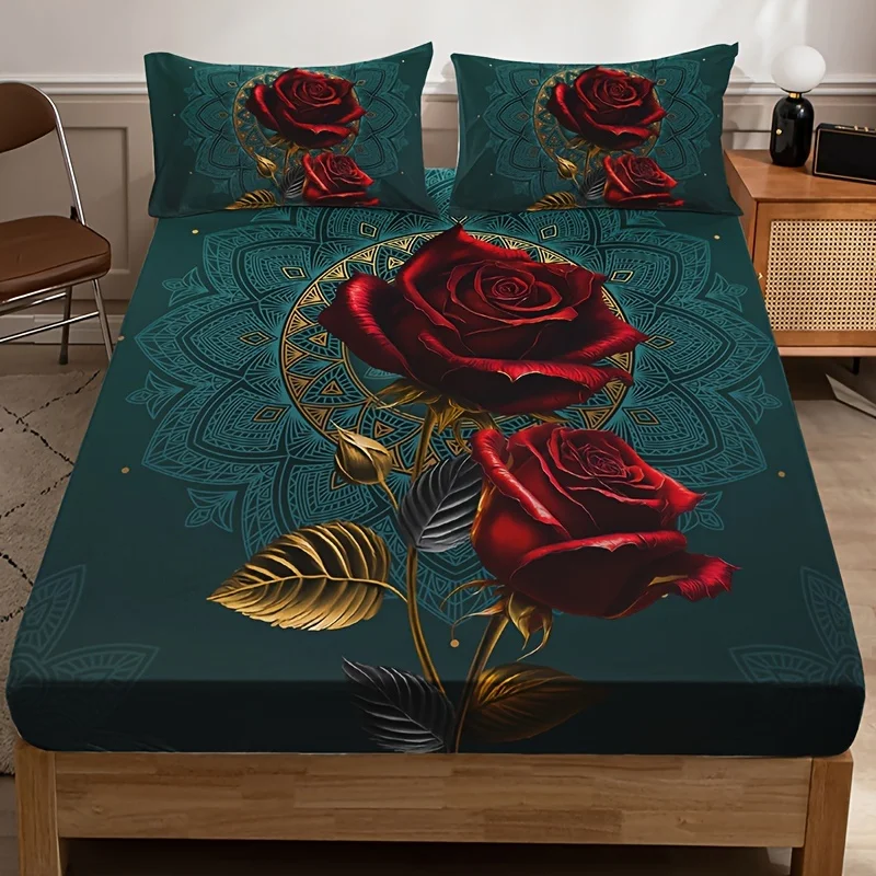 3D Gothic Rose Fitted Sheet Set Soft Comfortable Breathable Bedding Mattress Protector Set For Bedroom Guest Room