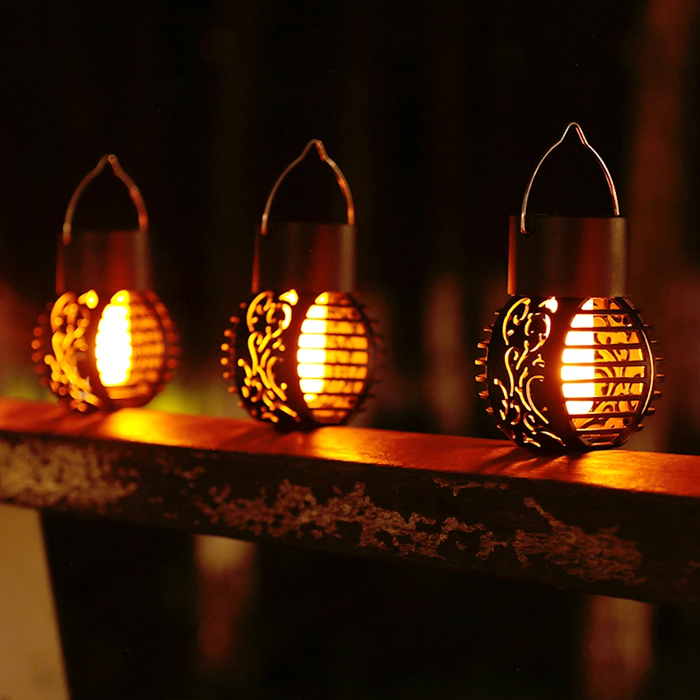 LED Solar Flame Decorative Light Waterproof Hollow Ball Outdoor Pendant Lamp Plastic Hanging High Capacity Battery for Courtyard