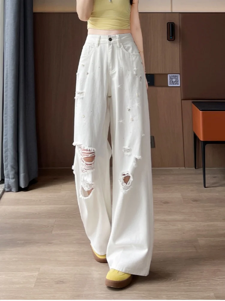 

New Fashion White Hole Wide Leg Jeans For Women 2025 New Summer Style Thin Loose Rhinestone Straight Leg Pants
