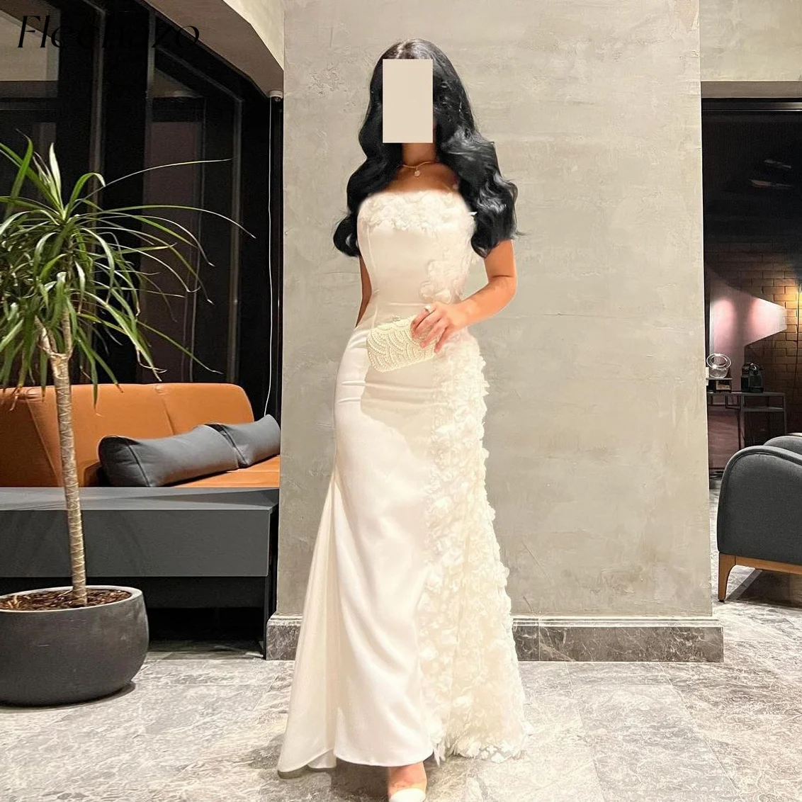 

Flechazo White Evening Dresses Strapless Flower Tulle Floor-Length Elegant Formal Party Dress For Women 2024 vestidos de fiesta