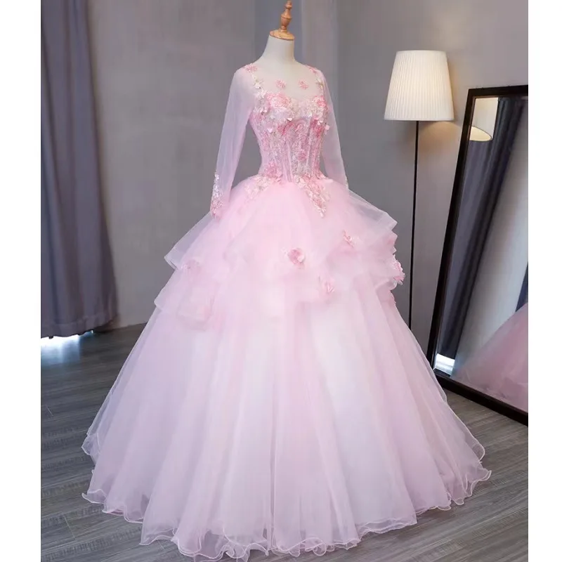 Pink Sheer Long Sleeve Ruffles Princess Quinceanera Dresses Ball Gown 3D Flowers Appliques Lace Corset Vestidos Para XV Años