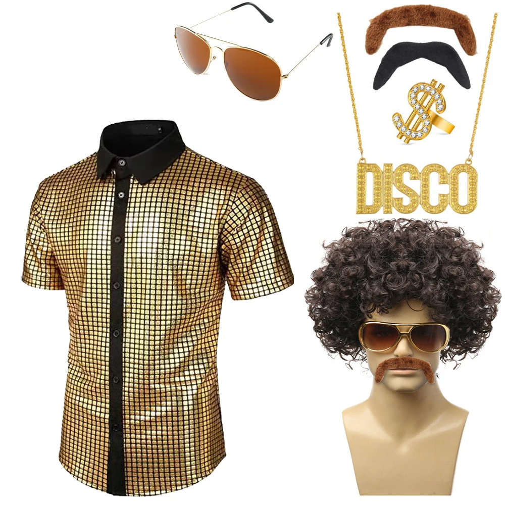 7 Stück Herren 70er Jahre Disco Kostüm 70er Jahre Hippie Kostüm einschl ießlich Pailletten Kurzarm glänzende Hemden Gold Halskette funky Sonnenbrille