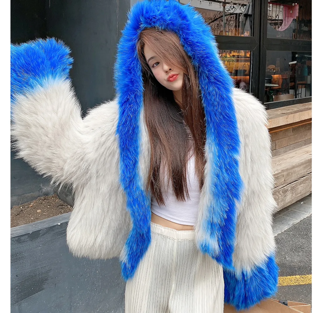 

2024 New Real fur,Korean Style Gradient Color Hooded Fur Coat For Women New Lady Genuine Fox Fur Knitted Warm Coats Winter Clot